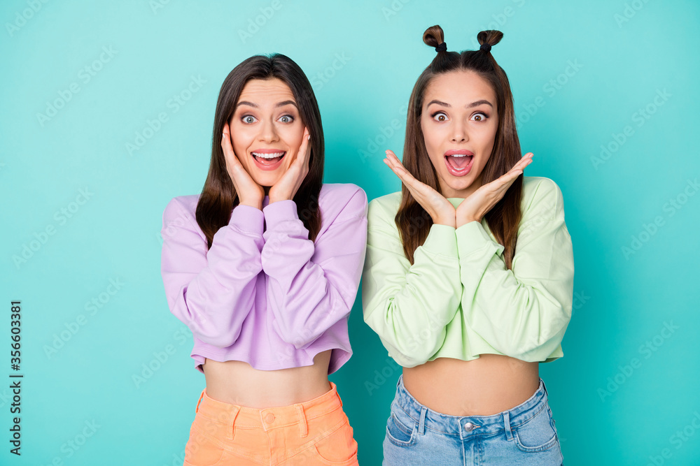 Poster Photo of two pretty shocked lady friends cool youth look clothes listen good news arms near cheekbones wear cropped sweaters naked belly skirts isolated pastel teal color background