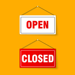 Realistic sign Sorry we are closed and Welcome we are open. Design closed banner on door store template. Abstract concept for businesses, site, shop services element. Realistic design template. Vector