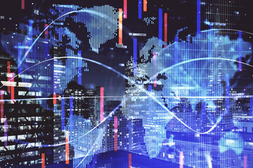 Double exposure of business theme hologram drawing and city veiw background. Concept of success.