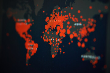 Fototapeta na wymiar Covid-19 Dashboard from Johns Hopkins University, Corona Virus Global Cases World Map on PC screen