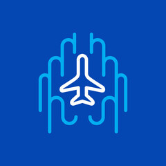 Airplane flight up silhouette lines arstract clouds sky blue color