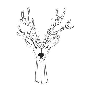 Christmas illustration with cute cartoon deer in doodle style. Vector image. for design of t-shirts, new year cards and gifts, design of invitation cards for Christmas celebrations