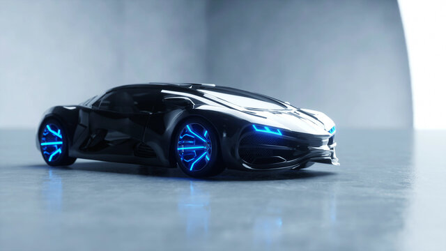 black futuristic electric car with blue light. Concept of future. 3d rendering.