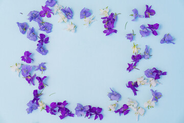 Fototapeta na wymiar frame from white, blue and purple flowers on blue background. floral pattern.