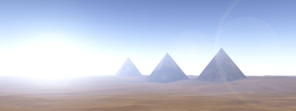 Pyramids in the desert of sand at sunset, 3D rendering