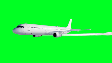 Passenger flying Plane . Isolate green screen. . A condensation trail of an airplane. 3d rendering.