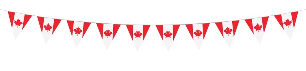 Obraz premium Canadian National Holiday. 1 July. Happy Canada Day greeting card. Celebration background with Canadian flag. Banner. Garlands. Pennants.