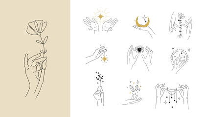 Set of modern simple magic drawings with crystals, stars, moon. Design elements for weddings, tattoos, trendy boho style. Vector linear illustration isolated on white background.