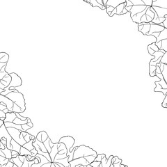 Vector square black and white autumn card. Corner frame with leaves of pumpkins on white background. Hand line drawing. Template for Thanksgiving greeting card, Harvest festival invitation.