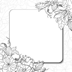 Vector square black and white card. Corner frame with pumpkin, leave and flower, rounded square frame on background with leaves. Hand line drawing. Template for Thanksgiving greeting card.