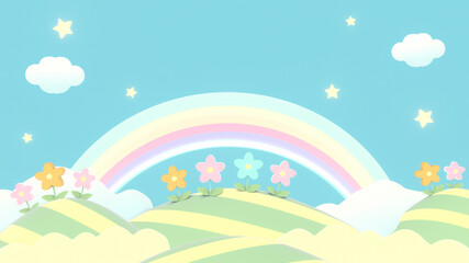 Fototapeta na wymiar 3d rendering picture of sweet cartoon mountains, flowers, stars and rainbow.