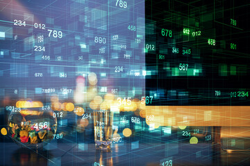 Fototapeta premium Multi exposure of desktop with computer on background and tech theme drawing. Concept of big data.