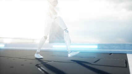 Female robot walking. Futuristic city, town. People and robots. 3d rendering.