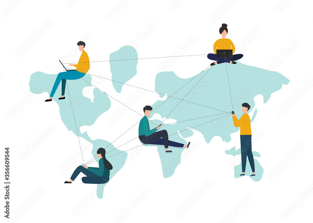 Poster people on world map using gadgets to communicate online, white background. vector illustration in fl