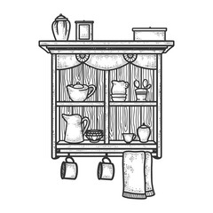 cupboard with utensils sketch raster illustration