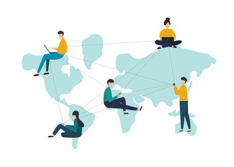 People on world map using gadgets to communicate online, white background. Vector illustration in flat style