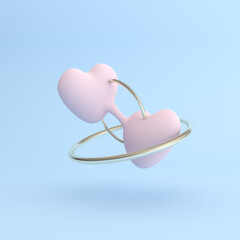 Minimal conceptual mock up of linked pink heart surrounded by golden rings. 3D rendering