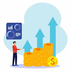 Vector illustration, investment management, business people building businesses from scratch and investing cash profits, career growth towards success, flat color icons, business analysis.