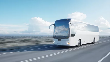 Foto auf Acrylglas tourist white bus on the road, highway. Very fast driving. Touristic and travel concept. 3d rendering. © 3D motion