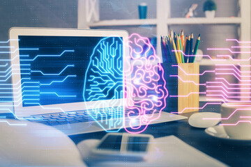Double exposure of desktop computer and human brain drawing hologram. Ai concept.