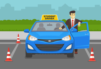 Happy student or teacher leaning on the car door. Parking lot front view. Flat vector illustration. © flatvectors