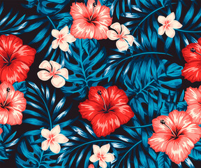 Tropical vibrant patterns, palm leaves and exotic flowers on a bright background. Ornamental garden plants. Green summer tropical background with exotic palm leaves and hibiscus flowers. © SamsonFM