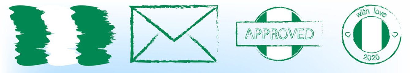 postal stamps in colors and with the symbols flag of Nigeria. Delivery of greeting cards and letters. Isolated vector on white background