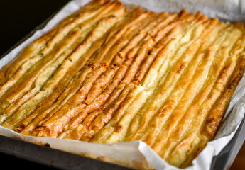 Baked homemade traditional Balkan, Bosnian, Greek, Turkish,  Serbian dish burek.