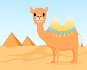 Cute camel in the desert. Pyramids on horizon. Vector.