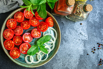 tomato salad vegetables Menu concept serving size. food background top view copy space for text organic healthy eating keto or paleo diet