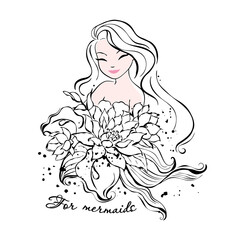 Art fashionable style. Print for teenagers clothes and fabrics. Beautiful mermaid with a bouquet of flowers. Fashionable ink style. For mermaids text.
