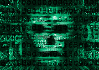 Skull,Hacker,Computer virus concept.
Illustration of Abstract Skull sign with destroyed letters and binary code. Web Hacking. Online piracy concept.