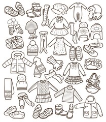 set of fashion children's clothes isolated on white background 
(vector illustration, coloring book)