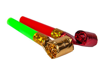 Party foil whistle or noise maker horn rolled isolated on the white