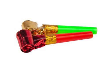 Party foil whistle or noise maker horn rolled isolated on the white