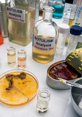 Samples contaminated by Clostridium botulinum toxin that causes botulism in humans, laboratory research, conceptual image