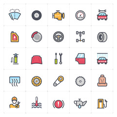 Icon set - garage and auto part outline stroke with color vector illustration on white background