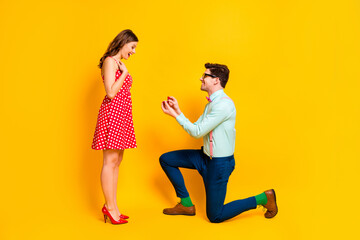 Full body profile photo of pretty lady handsome guy couple proposing girlfriend stand one knee hold...