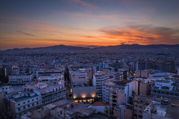 Athens city panoramic view at sunset time, Greece