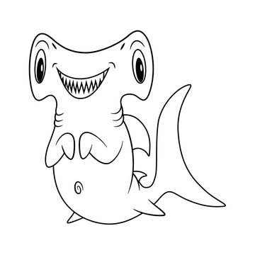 Cartoon Hammerhead shark. Illustration of underwater mascot with cute smile. Predator of the ocean. Isolated on white background. Uncolored line art for drawing book or page for children and kids.
