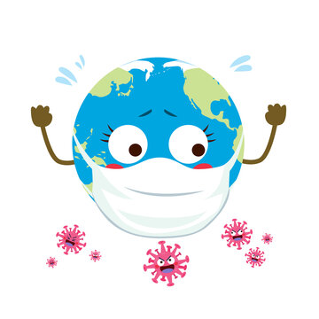 Cute helpless planet Earth surrounded by Coronavirus cartoon characters pandemic attack concept