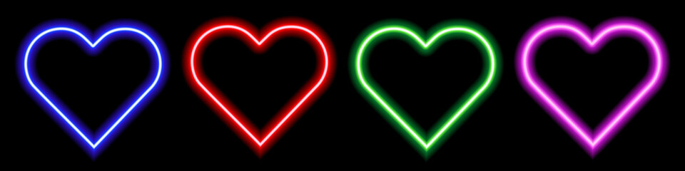 Set of neon hearts. Luminous elements for your design. Blue, red, green, pink colors

