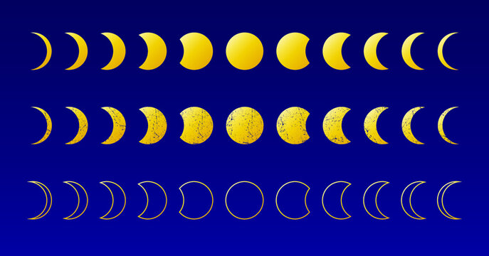 Moon Phases Astronomy Icon Silhouette Symbol Set. Full Moon And Crescent Sign Logo. Vector Illustration. Isolated On White Background.