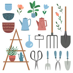 Set of gardening tools and decor - shovel, cultivator, scissors, pots, watering cans, pruner, hayfork. Instruments for farm and garden. Collection of vector flat elements isolated on white background