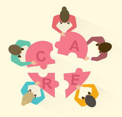 Team of volunteers building heart with word CARE from puzzle pieces, top view. Vector illustration in flat style