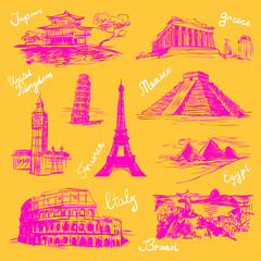 Vector set of sketchy style drawn isolated illustrations of world famous landmarks. Traveling, tourism, trip, vacation, universe.