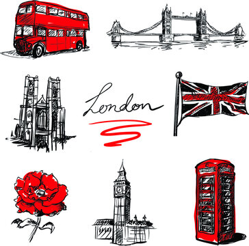 Set of sketchy style hand drawn isolated illustrations of world famous landmarks. london symbols. Travel and tourism. Great Britain, England. (vector) Buildings, architecture.