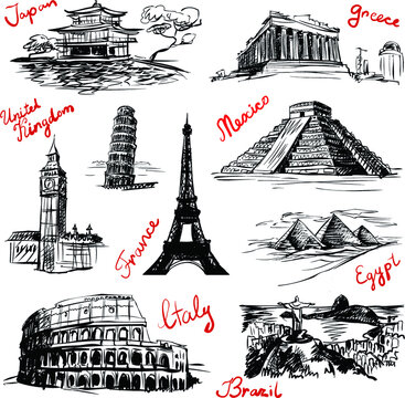 Set of sketchy style drawn isolated illustrations of world famous landmarks (vector)