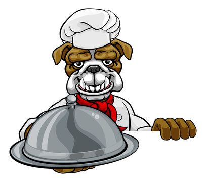 A bulldog chef mascot cartoon character holding a silver platter cloche dome of food peeking round a sign