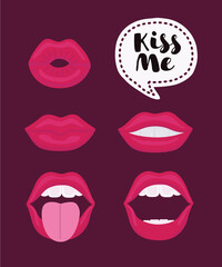Female lips set. Mouth with a kiss, smile, tongue, teeth. Vector comic illustration in pop art retro style isolated on white background.